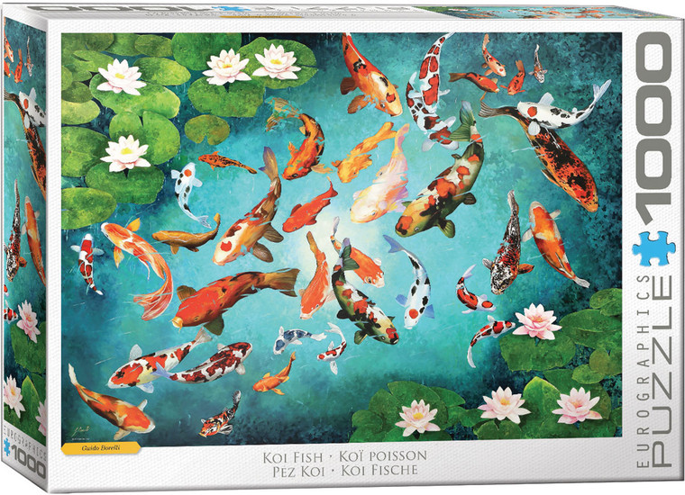 The image is a puzzle box with a vibrant underwater scene of koi fish swimming among lily pads. The background is a gradient of blues and greens, creating an impression of water depth. Various koi fish of different colors and patterns—including red, orange, white, and black—are depicted swimming in multiple directions. Several white and pink water lilies with lush green leaves float on the water surface, adding contrast to the scene. The title, "Koi Fish" is printed along the bottoms. On the right hand edge, the company logo reads "EUROGRAPHICS PUZZLES" and the number ‘1000’ after it indicates the puzzle piece count.