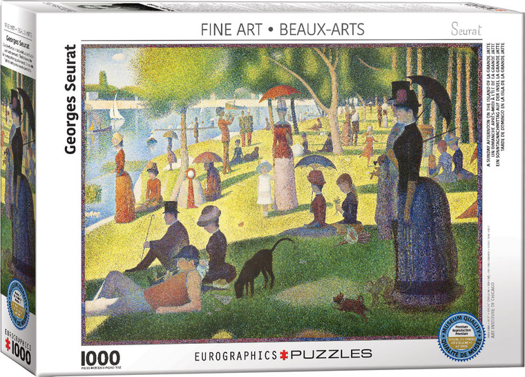 The image shows a puzzle box featuring the piece “A Sunday Afternoon on the Island of La Grande Jatte” by Georges Seurat. The image depicts people leisurely enjoying a day in a park by a river. The scene is composed using pointillism, characterized by small, distinct dots of color forming an intricate image. The painting shows individuals in Victorian attire, some holding parasols and others seated on the grass, framed by lush green trees and a shimmering blue river. Along the top is printed the collection name, “Fine Arts.” The bottom left has the number '1000' indicating the number of pieces in the puzzle. Along the bottom edge, the company logo reads "EUROGRAPHICS PUZZLES."  A blue badge in the lower right corner indicates the puzzle is an officially licensed reproduction of museum quality.