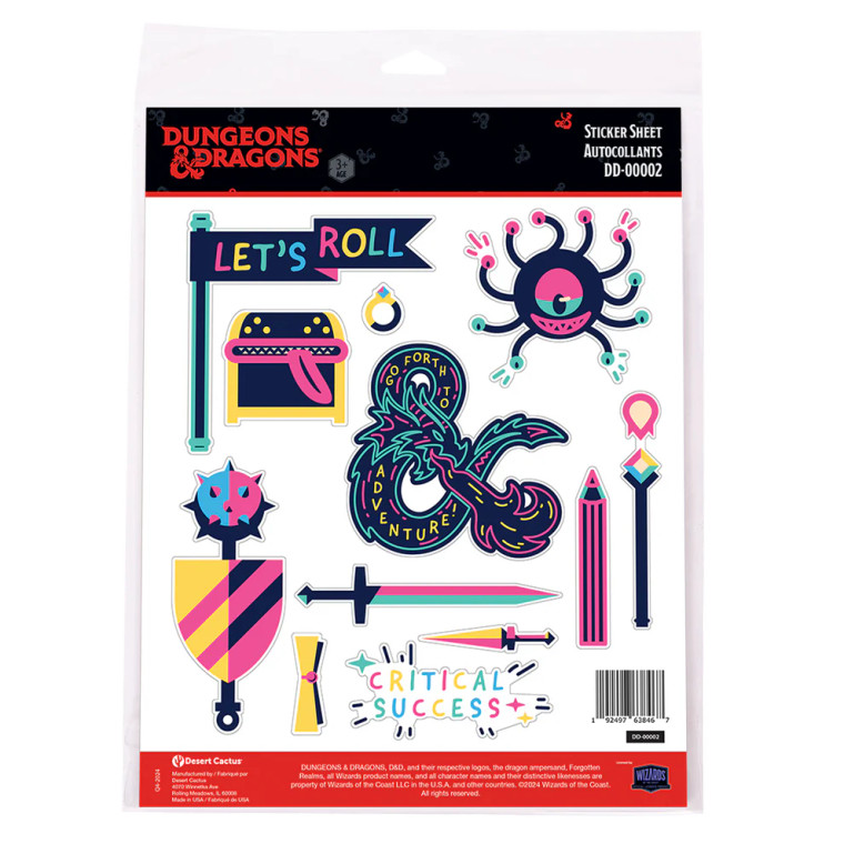 A sticker sheet with Dungeons & Dragons symbols, creatures, and tools in a pastel, cartoon style.