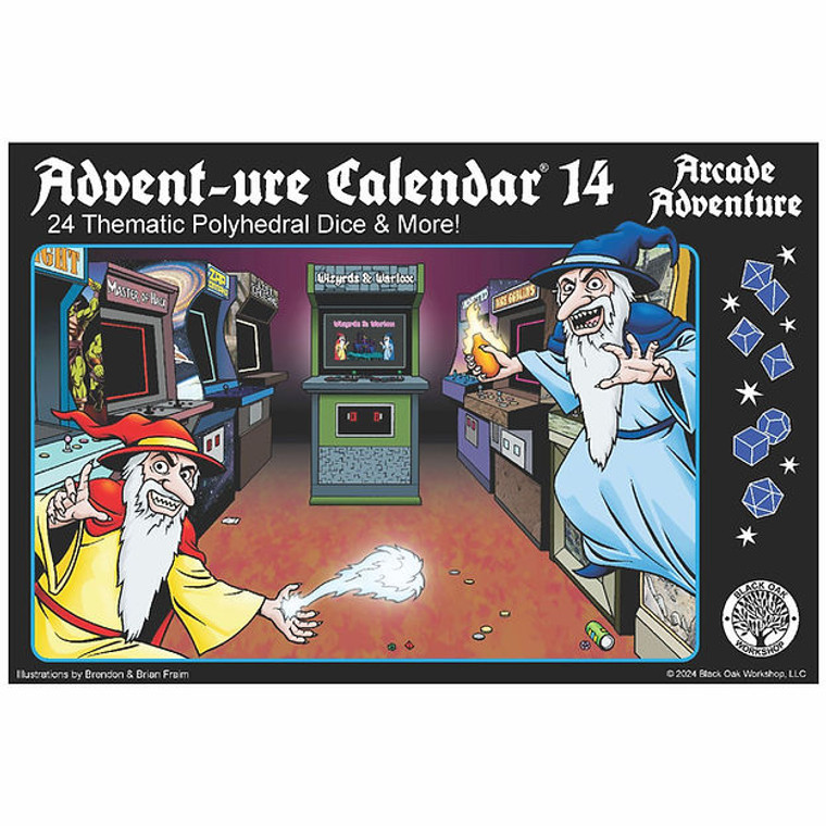 A dice advent calendar titled “Adventure Calendar 14: Arcade Adventure - 24 Themed Polyhedral Dice” in white font at the top of the black bordered cover.  In the center is a scene inside an arcade with various games lining either side of the room.  In the middle is a green arcade titled "Wizyrds and Warlox" at the top with two little figures on either side of a dark tower.  In the foreground are the same characters, presumably a wizard and a warlock.  The one on the left wears yellow and orange robes, and the one on the right wears light and dark blue ones.  Both sport matching pale skin, long beards, and hold a spell and a glowing potion jar respectively.