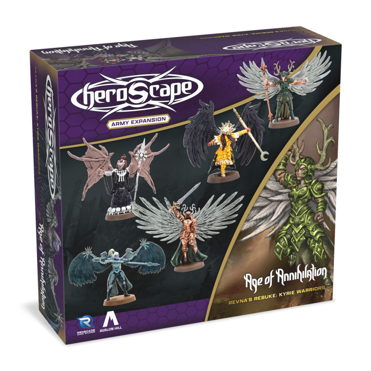 A board game expansion titled "Heroscape: Revna`s Rebuke - Kyrie Warriors Army Expansion" at the top of a purple and black background.  Below are photographs of five figures in the set, each with unique styles, colors, weapons, armor, and a pair of wings.  To the right of them is a painted rendition of a warrior with green, leafy armor, red hair, antlers on her head, and a pair of feathery wings on her back.