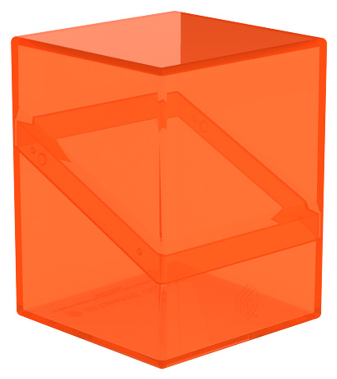 An orange TCG card deck case with a clear shell, diagonal closure, and a faint embellishment of the Ultimate Guard logo at the bottom.