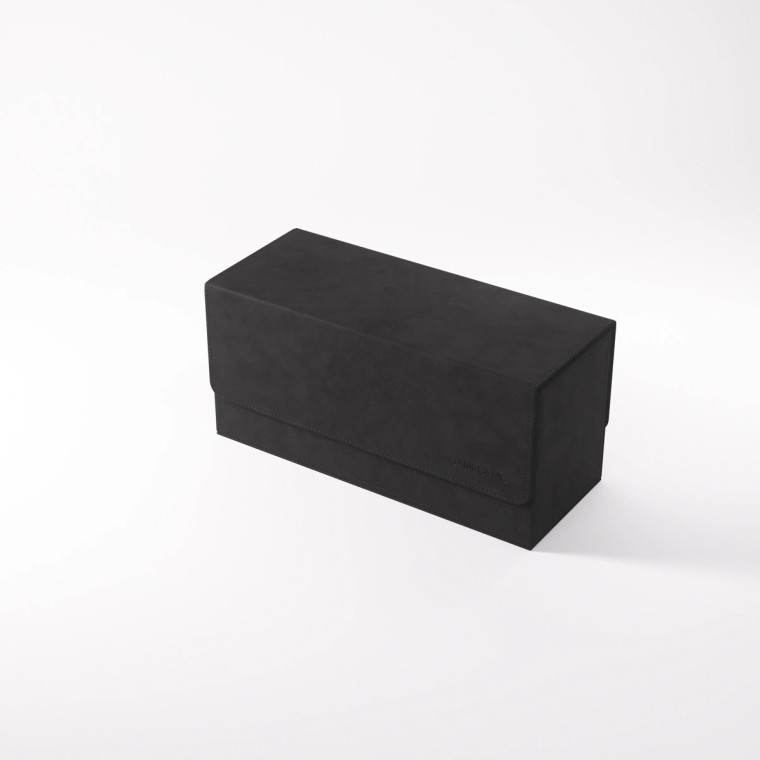 A long, black, cloth deck box with invisible magnetic closures keeping the lid shut.