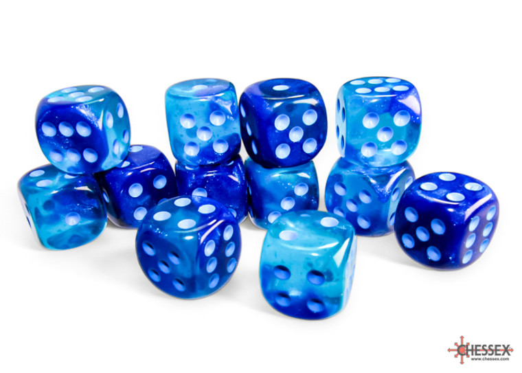 A pile of light and dark blue swirled 6 sided dice with light blue number pips.