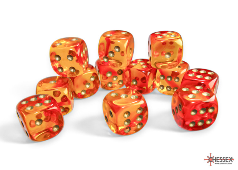 A pile of translucent red and yellow swirled 6 sided dice with golden number pips.