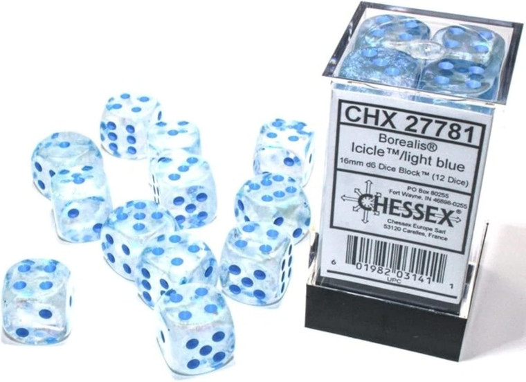 A pile of 12 clear 6-sided dice with light blue number pips that sits next to a plastic container designed to hold them with the product number on display.