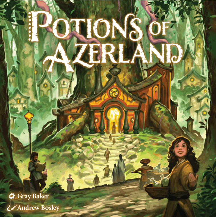 A board game titled "Potions of Azerland" in large, whimsical font at the top of the cover.  The art behind it features a scene in a dense, green forest with a house built into the base of a tree.  A stone path leads up to it, and people of all shapes and sizes walk up and down it.  Behind the tree are many other similar houses, both in and around the other old trees of the wood.