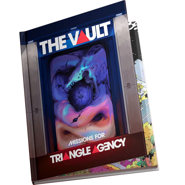 An RPG book titled "The Vault - Missions for Triangle Agency" at the top and bottom of the cover.  The lettering features triangles where A's would be - 3 of them, to be exact, like the number of side in the shape.  Behind the title lines is artwork of a white, serpentine creature with three eyes facing the viewer.  Its mouth is wrapped around the lock mechanism to a vault, and its coils are shoved into what look like safe walls.  It has cracks in its skin that reveal voids, faints stars glimmering within them