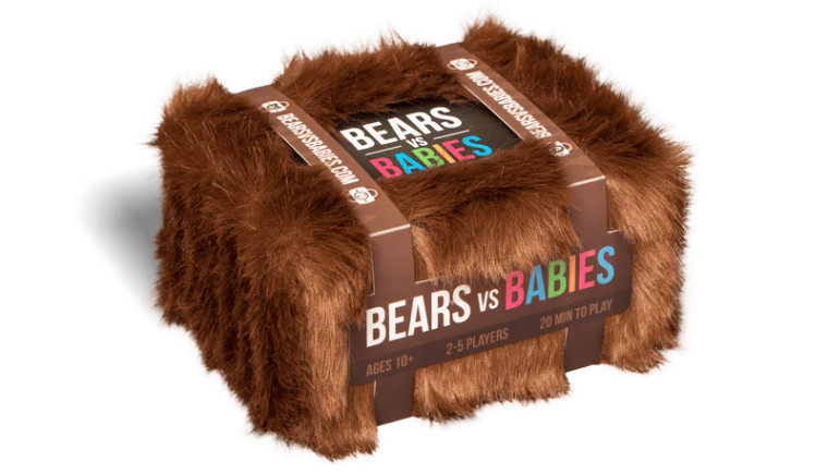 Board game titled BEARS VS. BABIES, featuring a brown faux fur border surrounding the title. The word babies is in rainbow text.