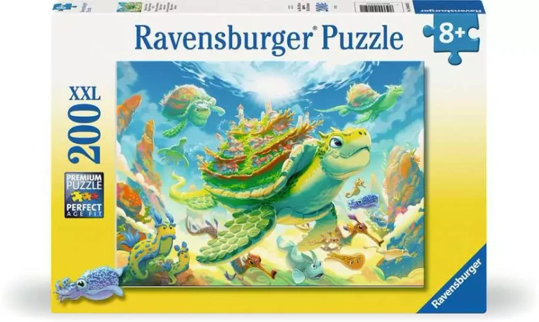 A puzzle with the words “Ravensburger Puzzle” at the top and the number ‘200’ along the left side of the cover.  Beside it is a puzzle piece with ‘XL’ inside.  Below is an image of the finished puzzle, which features a digital painting of a cartoon turtle swimming through the ocean with a little fantasy village atop its back, algae waving in the current and multiple tiers of shell creating a cascading mountain.