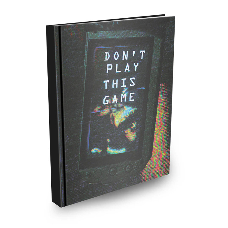 An RPG book titled "Don't Play This Game" in a geometric, glowing font displayed across the screen of a handheld electronic device.  The rest of the cover is dark with the device bordered in warmly colored TV static.