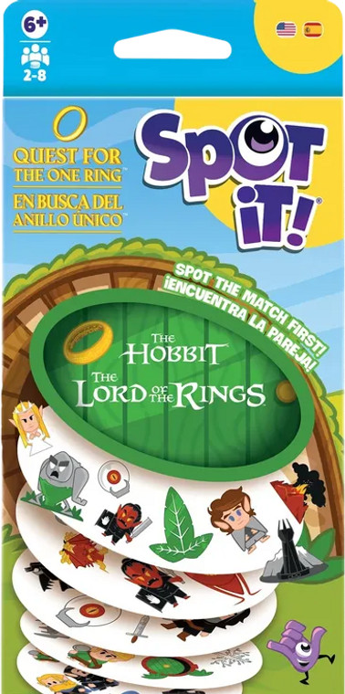 Board game blister titled "Spot It!: Lord of the Rings" featuring art of a hobbit hole door, with cards spilling out from it. Each card features icons such as a golem, the Eye of Sauron, Galadriel, and more! Board game blister titled "Spot It!: Lord of the Rings" featuring art of a hobbit hole door, with cards spilling out from it. Each card features icons such as a golem, the Eye of Sauron, Galadriel, and more!