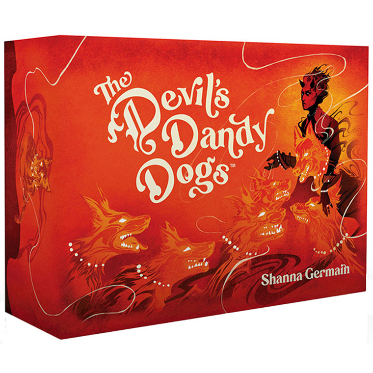 An rpg titled "The Devil's Dandy Dogs" in looping white font in the middle left of a mostly red box.  The artwork around it is whimsically swirly and lineless, and depicts a dark silhouette of a person with wild hair slicked back like a worn paintbrush, short curved horns, and glowing eyes.  Orange and red dogs flock toward them, tongues lolling out of their mouths.  Each dog has a collar that matches the necklace and bracelets of the person.