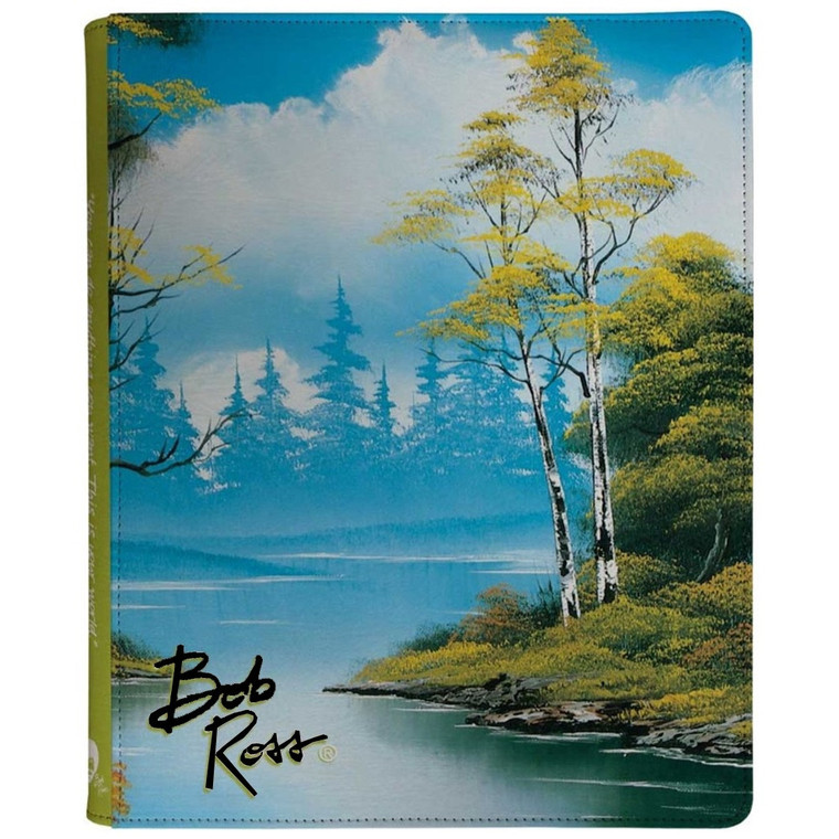A cloth card binder with a print of a painting by Bob Ross titled "Lakeside Path", which features a crystalline lake flanked by grassy shores and birch trees.