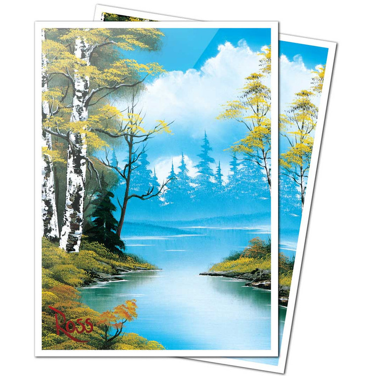 Trading car protective sleeves with prints of Bob Ross' "Lakeside Path", which features a crystalline lake flanked by grassy shores and birch trees.