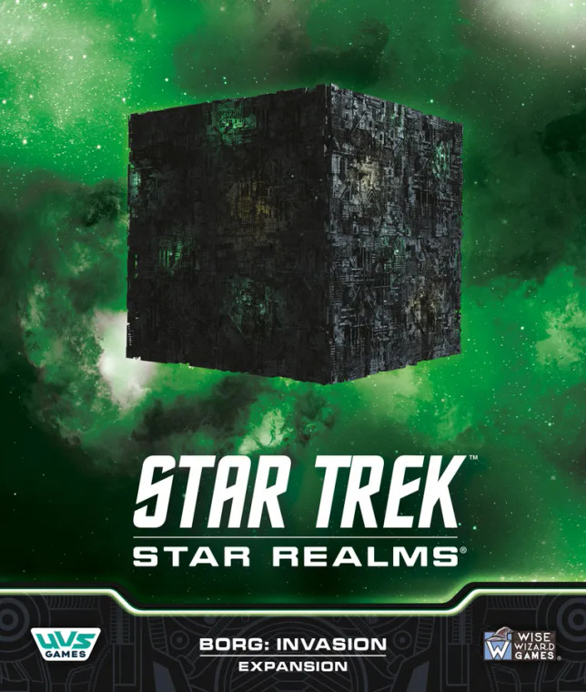 Board game expansion titled "Star Trek: Star Realms: Borg: Invasion" featuring art of a green nebula in the background, with a large, black cube floating in the air in the foreground.