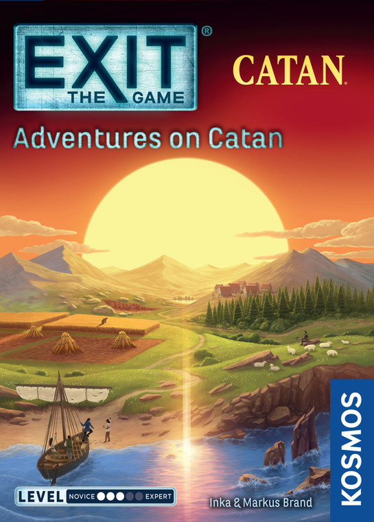 This is a picture of the board game Exit: The Game - Adventures on Catan. It features a bright sun on the horizon of a rustic village scene with farmers, shepherds, and sailors interacting.