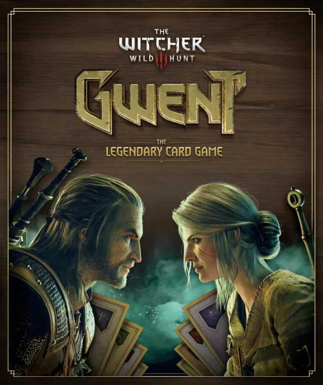 Board game titled "Gwent" with the tag line "The Legendary Card Game" featuring art of a wooden background behind the title. Under the titled are a white haired man and woman, both with scars on their faces and swords on their back staring at each other, behind each is a hand of color coded cards.