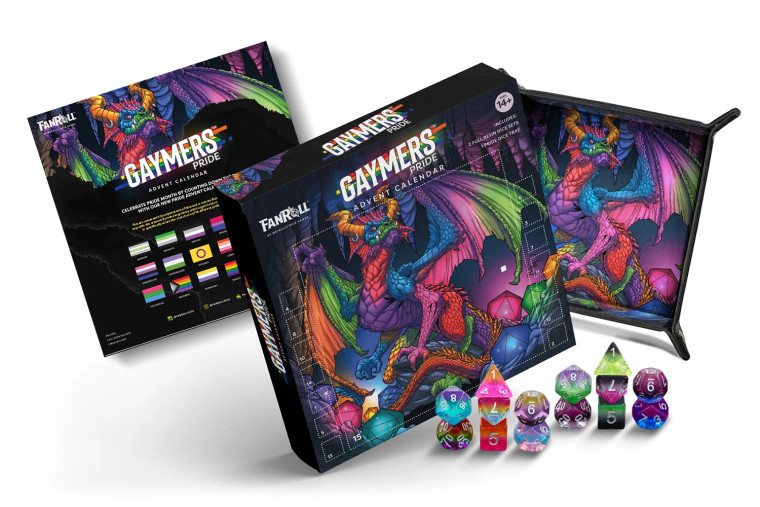 A dice advent calendar titled "Fanroll: Gaymer's Pride - Advent Calendar" in white font across the top.  Below is an illustration of a rainbow-colored dragon with piercings on their curved horns and perched atop a rock.  They are surrounded by glowing polyhedral dice of a variety of colors.
