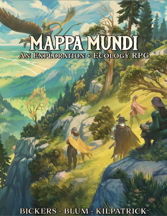 An RPG titled "Mappa Mundi" in white font at the top of the cover.  The art below depicts a giant expanse of grassy mountains dotted with bushes and coniferous trees, and a plain in the distance cut by a forked, meandering river.  Four people sit or stand in the foreground, some simply looking out over the valley, others recording things.  Above, A winged creature with two heads flies over.