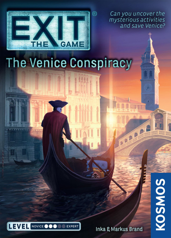 This is a picture for the board game 'Exit the Game - The Venice Conspiracy.' A mased figure pilots a gondola in a canal with a bridge and a clocktower in the distance.