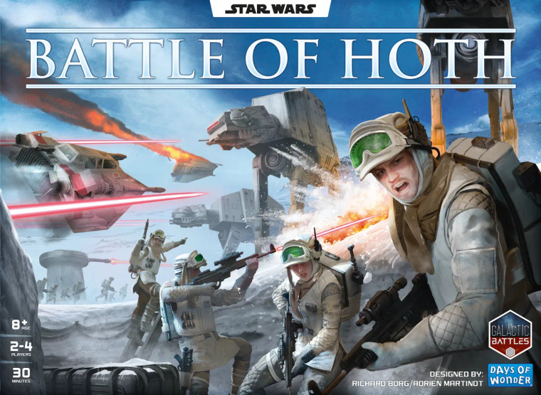 Board game titled "Star Wars: Battle of Hoth" featuring art of multiple soldiers in furry coats and hats along a snowy field. Each soldier is holding a blaster, which is shooting red lasers off into the distance. Behind the soldiers are two towering four-legged robots, while a small ship flies overhead.