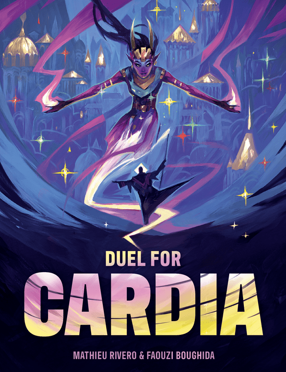 This is the cover for the game 'Duel for Cardia.' It features a magical purple djinn standing in front of a person in robes holding a staff.
