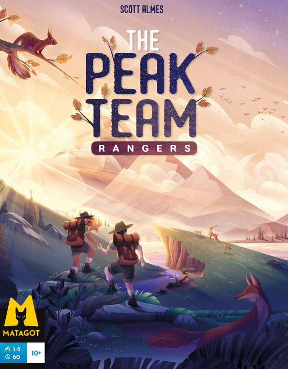 This is an image for the cover of the game 'The Peak Team.' It features several park rangers hiking on a mountain with a squirrel, fox, and deer surrounding them.