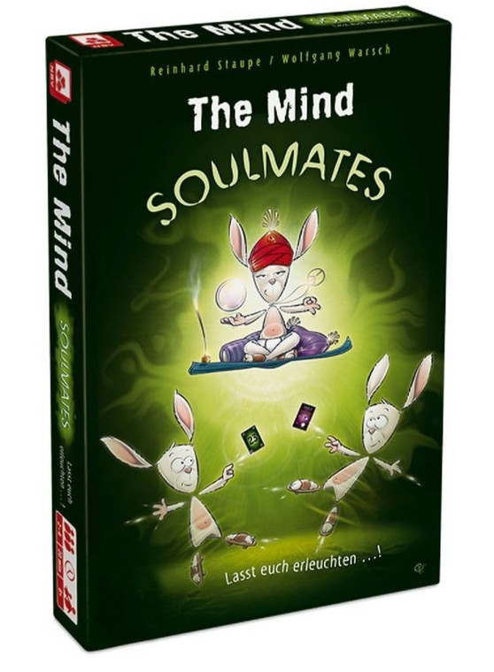 This image is of the game 'The Mind: Soulmates.' There are three bunnies on a black and green background with one acting as a fortune teller predicting various numbered cards.