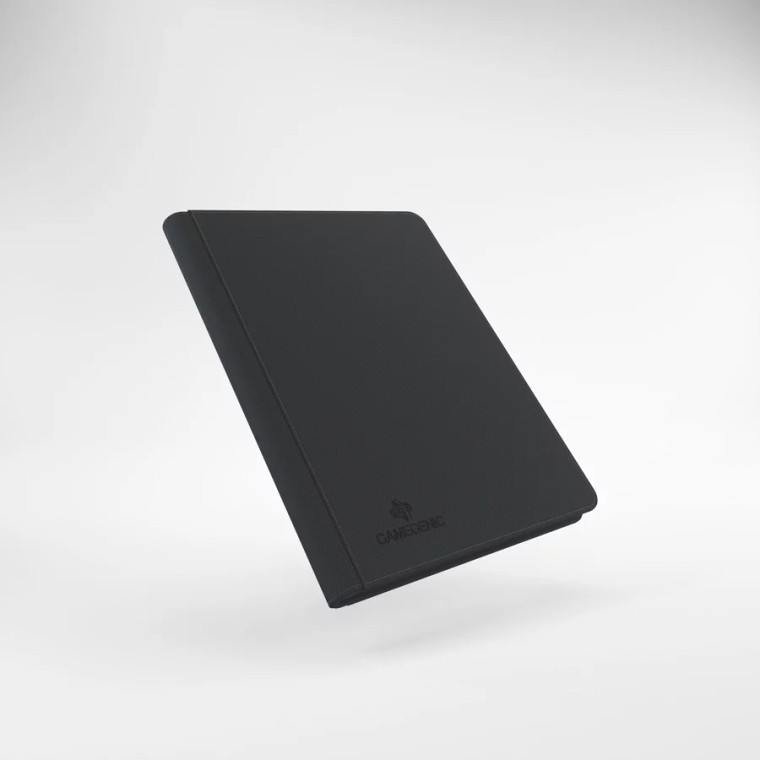 A black, hard-cover, cloth card binder with a zip-up closure. A black, hard-cover, cloth card binder with a zip-up closure.