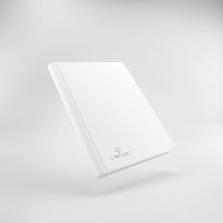 A white, hard-cover, cloth card binder with a zip-up closure. A white, hard-cover, cloth card binder with a zip-up closure.