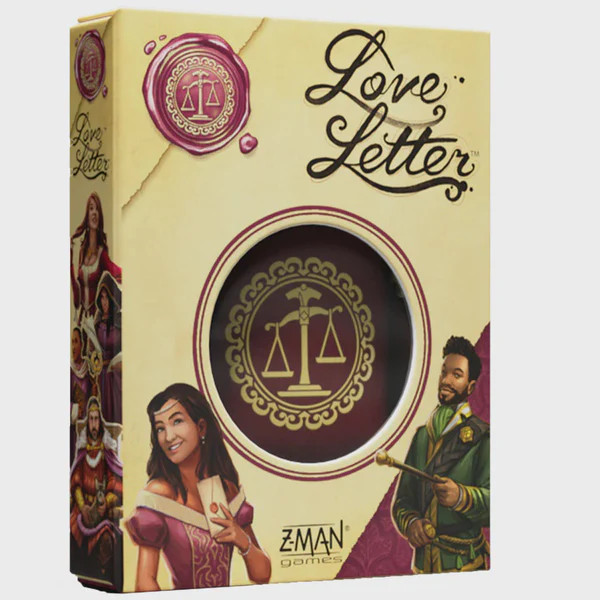 A card game box entitled "Love Letter" in cursive atop a  picture of a cream envelope with a red wax seal.  Below is a small window to a red velvet bag with a golden seal on it, and below that is artwork of a handsome prince and a beautiful princess holding a letter.