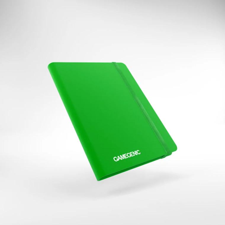 A green soft-cover card binder with an elastic band closure.
