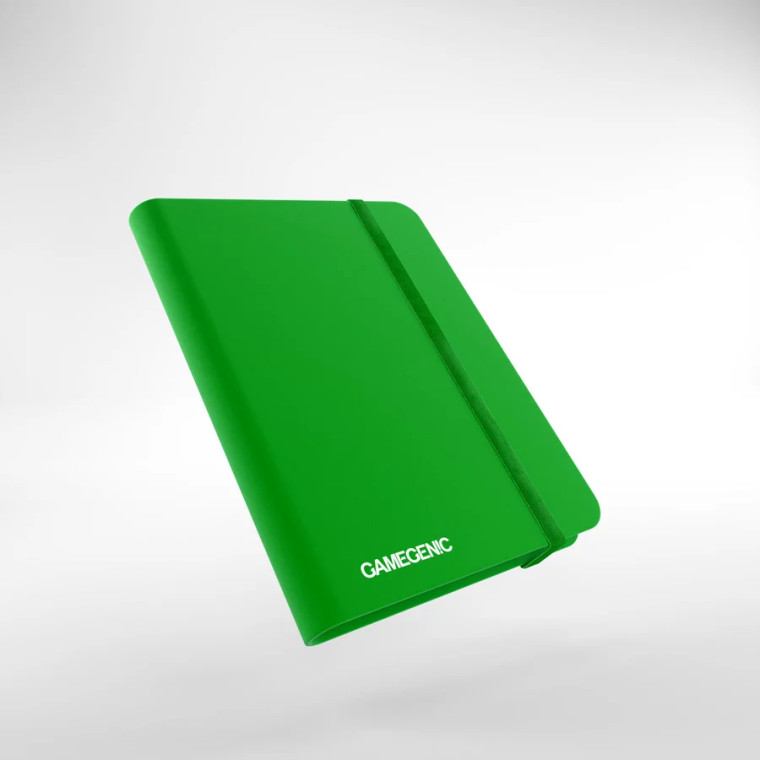 A green soft-cover card binder with an elastic band closure. A green soft-cover card binder with an elastic band closure.
