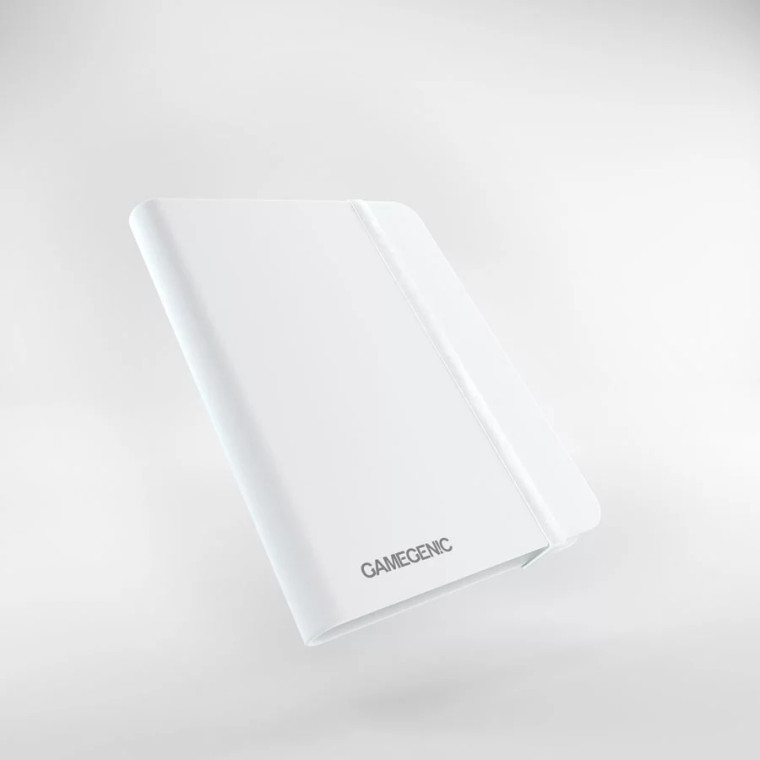 A white soft-cover card binder with an elastic band closure. A white soft-cover card binder with an elastic band closure.