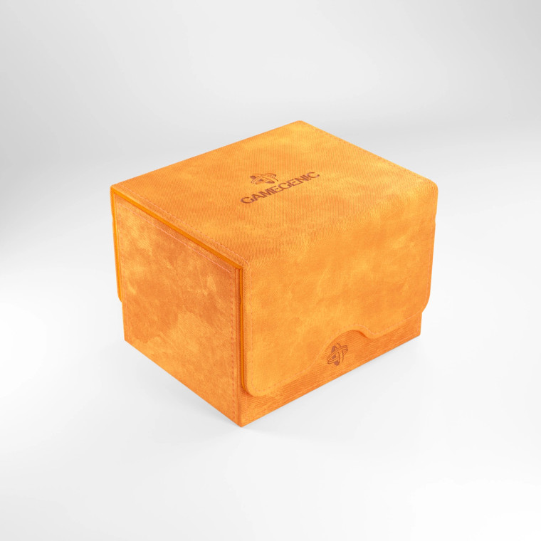 A orange leatherette sideloading deck box with magnetic closures.