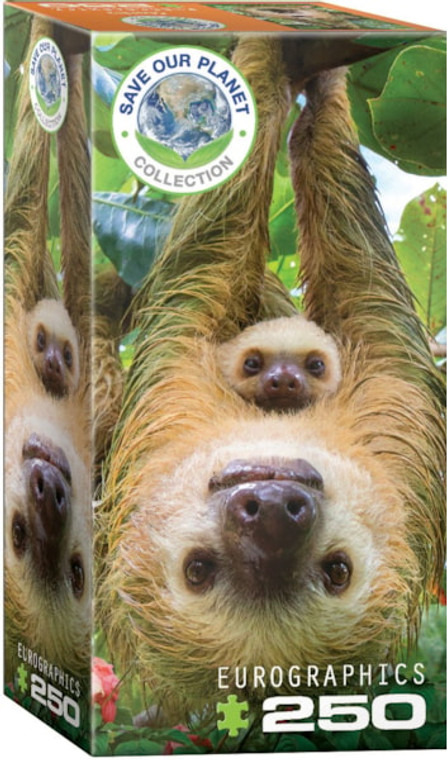 A puzzle featuring a circular logo titled "Save Our Planet" in the upper lefthand corner of the front of the box, the Eurographics logo at the bottom, and with the piece count '250' below that.  Across the whole of the box is what the finished puzzle looks like: a photograph of a parent sloth holding a baby sloth on its chest as it hangs upside down in a tree.