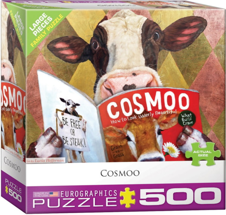 A puzzle titled, “Cosmoo,” at the bottom in several different languages, with the artist's name right above it.  The company logo “Eurographics Puzzle” is in large font along the bottom, and number ‘500’ right next to it in the cover’s green border.  In the center is what the completed puzzle looks like: a painting of a cow reading a magazine that is titled "Cosmoo."