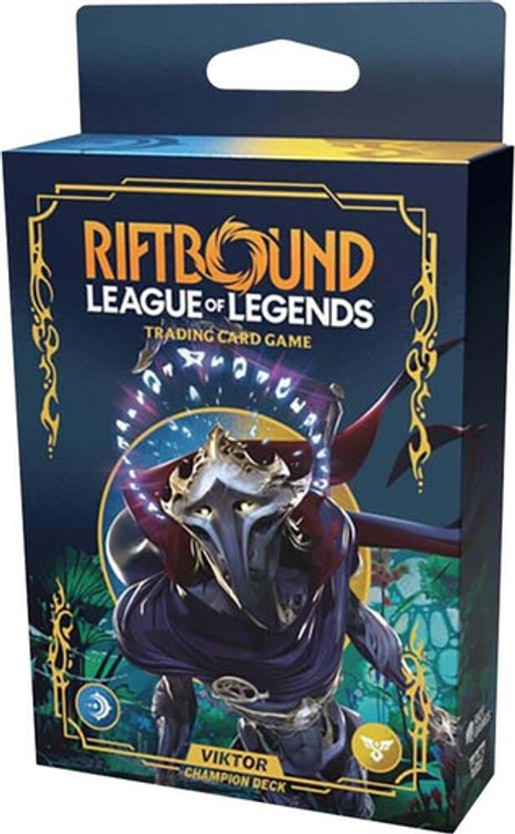 A preconstructed TCG deck titled “Riftbound: League of Legends Trading Card Game - Viktor Champion Deck” across the top and bottom of the cover.  In the center is a purple being with a dual face: beneath the cheekbones are two halves of a human face with his eyes closed, and in the center is a less human face with no discernable eyelids, nose, or mouth, but glowing eye sockets.  His head is haloed in glowing runes, body embellished in gold, and long brown hair falls around the crest of his head.  A blue and red cloak drapes over their shoulders. His skin is wiry like bands of muscle, and mechanical aspects lie between the strands of sinew. A preconstructed TCG deck titled “Riftbound: League of Legends Trading Card Game - Viktor Champion Deck” across the top and bottom of the cover.  In the center is a purple being with a dual face: beneath the cheekbones are two halves of a human face with his eyes closed, and in the center is a less human face with no discernable eyelids, nose, or mouth, but glowing eye sockets.  His head is haloed in glowing runes, body embellished in gold, and long brown hair falls around the crest of his head.  A blue and red cloak drapes over their shoulders. His skin is wiry like bands of muscle, and mechanical aspects lie between the strands of sinew.
