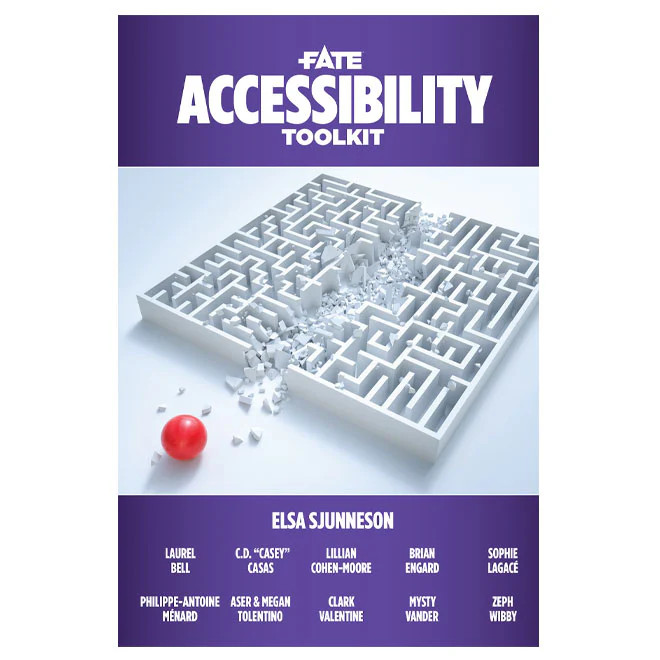 A book cover titled Fate Accessibility Toolkit. The cover depicts a red ball that has bulldozed through a labyrinth.