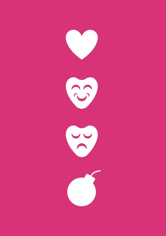 An RPG book with no visible title on the front.  It is hot pink and features three hearts and a bomb in a vertical line down the center of the cover.  The first heart is blank, the second with a smiling face on the inside, and the third is frowning.