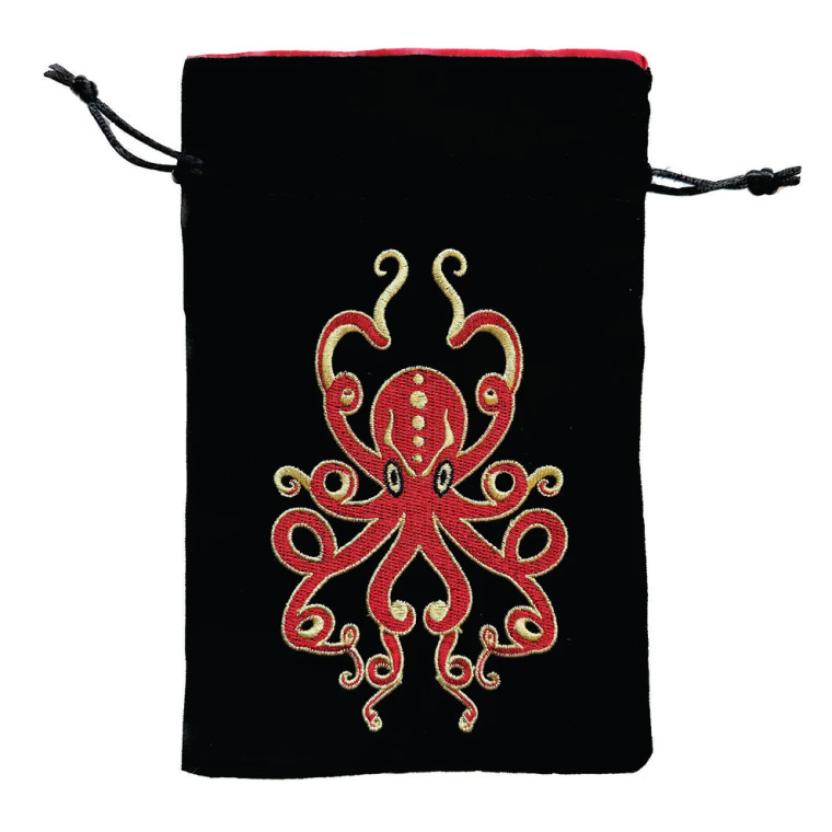 A black dice back with draw strings and an embroidered image of a handsome red octopus.