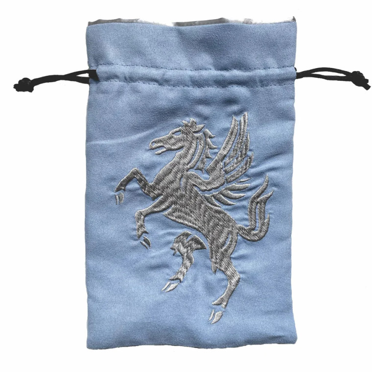 A light blue dice back with draw strings and an embroidered image of a Pegasus.