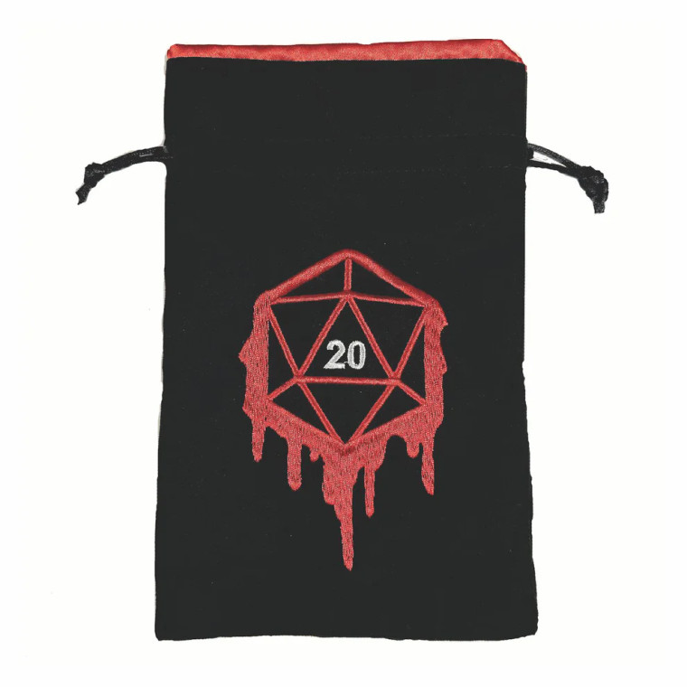 A black dice back with draw strings and an embroidered image of a D20 dripping with blood.
