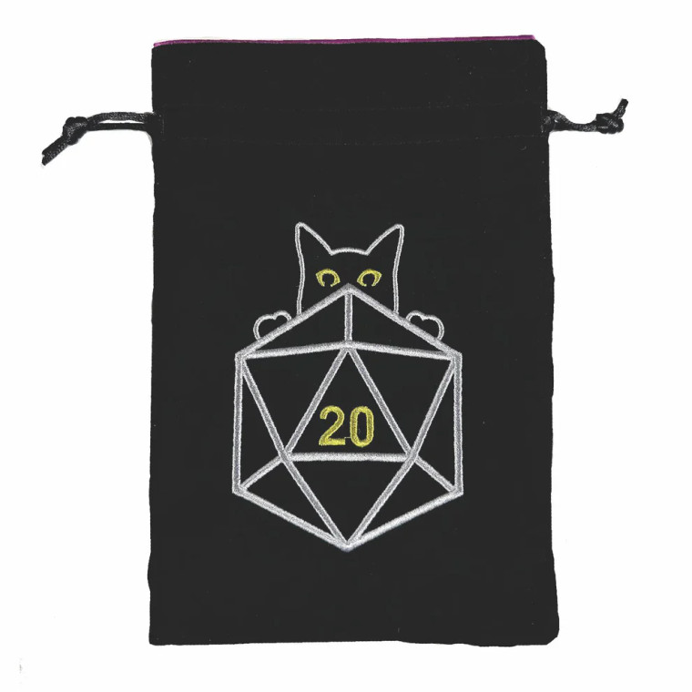 A black dice back with draw strings and an embroidered image of a yellow-eyed cat atop a large D20.