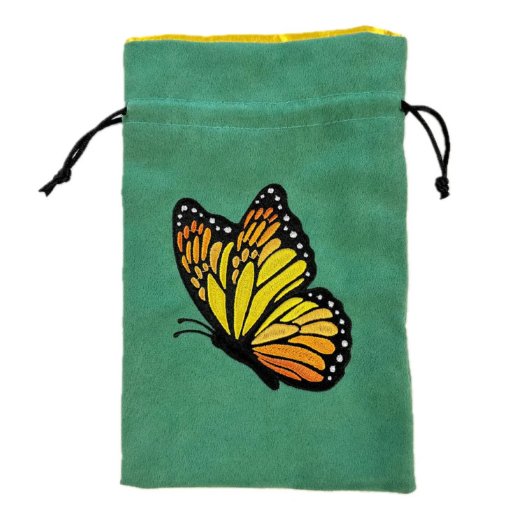 A green dice back with draw strings and an embroidered image of an orange and yellow butterfly.