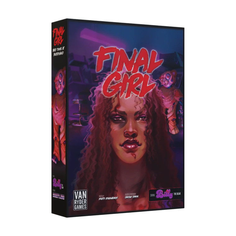 This the cover art for Final Girl: Bad Times at Buddyland. It shows a bruised and bloodied protagonist and their adversary, a large animatronic bear.