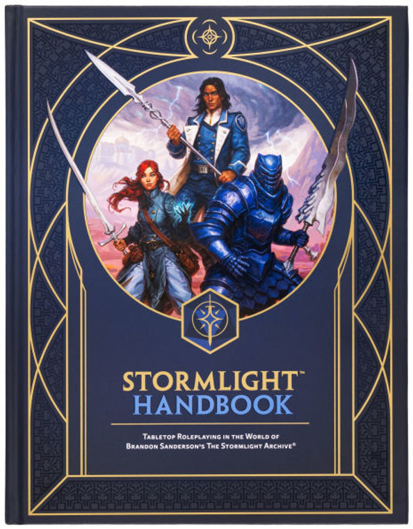 An RPG book titled "Cosmere RPG: Stormlight Handbook" across the bottom ov the primarily dark blue cover with gold lines forming  a border around the outside and a circular portrait.  The art features three characters: a red-haired woman with pale skin in blue clothes holding a long, curved sword; a tan man with black hair wearing blue clothes and holding a spear; a person in blue plate armor holding a very large sword.
