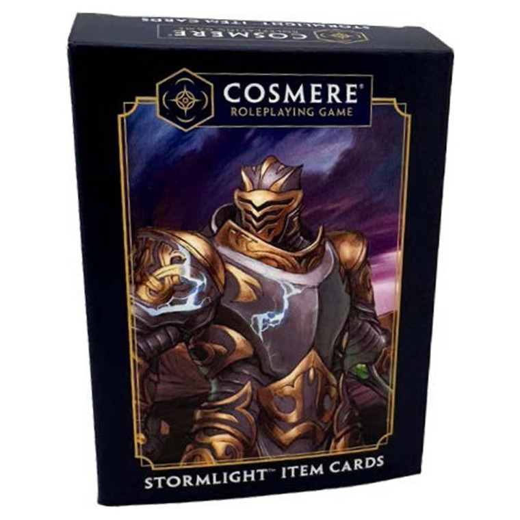 A Cosmere RPG: Stormlight Item Deck featuring a blue border with a central drawing of a person in heavy, silver and gold plate armor with arcs of lightning running over them.