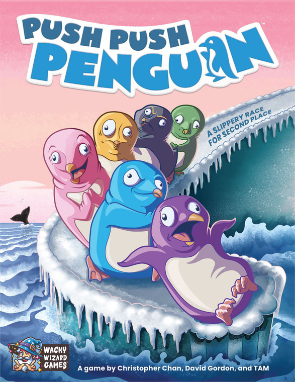 This is the cover art for Push Push Penguin. It shows several penguins on an iceberg sliding into the water.